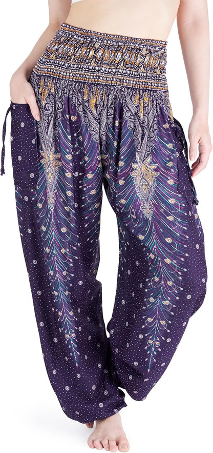 Lannaclothesdesign Women'S Smocked Waist Boho Flowy Yoga Harem Pants Hippie Clothes