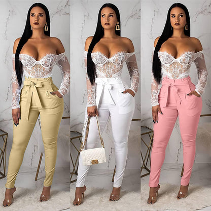 GOBLES Women'S Casual Full Length High Waist Tie Knot Skinny Pants with Pockets White