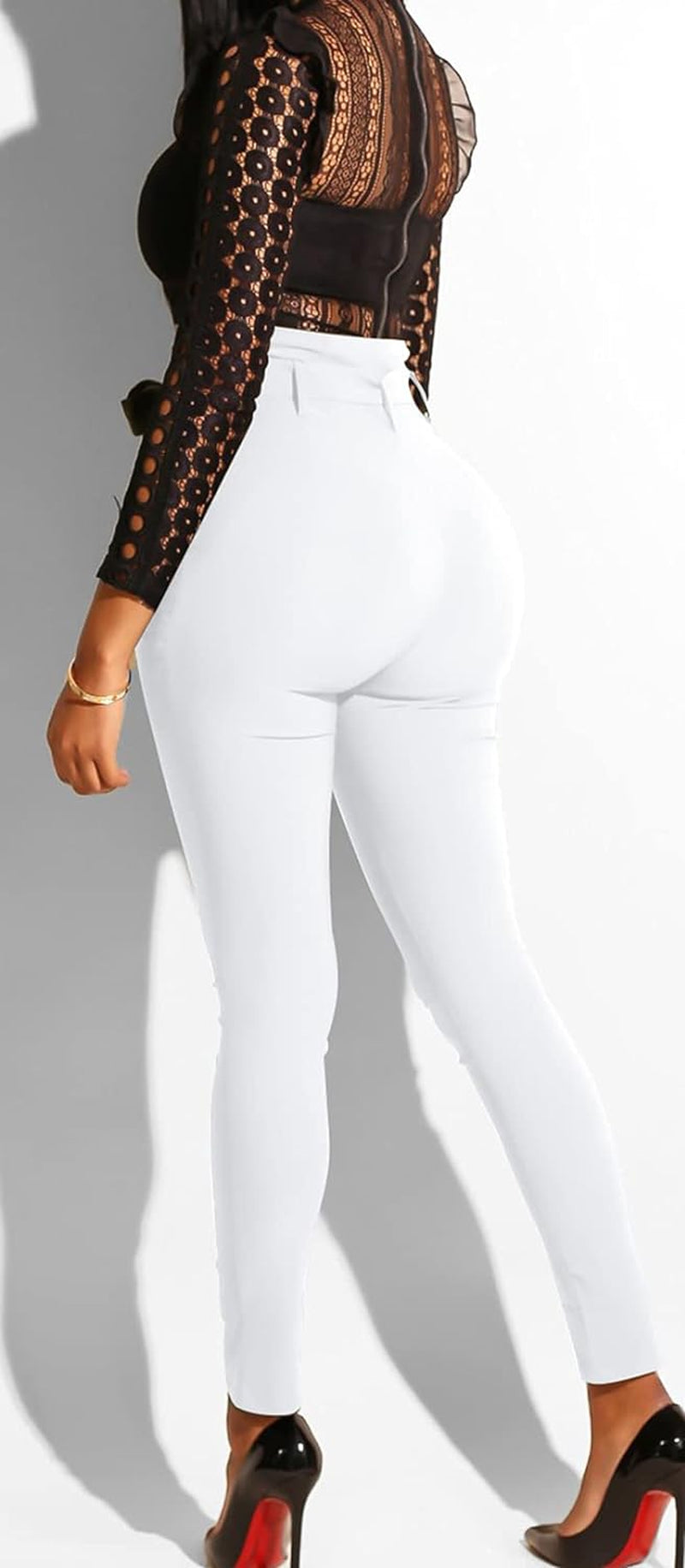 GOBLES Women'S Casual Full Length High Waist Tie Knot Skinny Pants with Pockets White