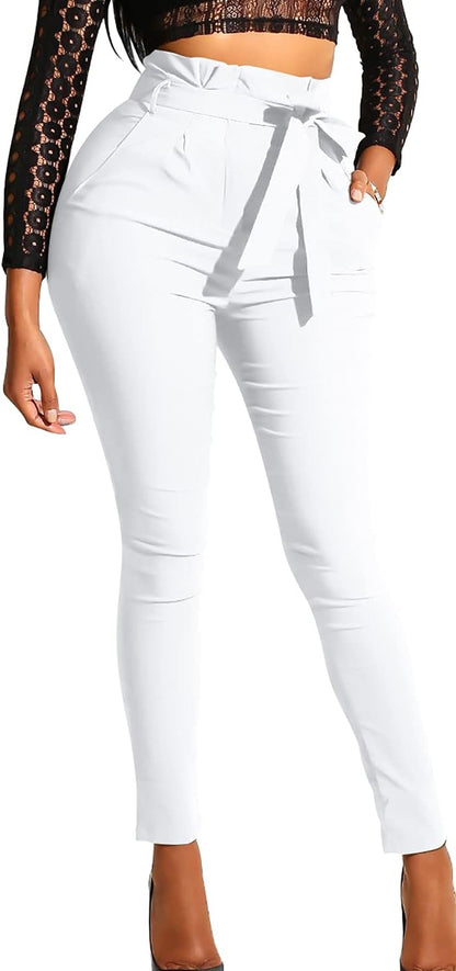 GOBLES Women'S Casual Full Length High Waist Tie Knot Skinny Pants with Pockets White