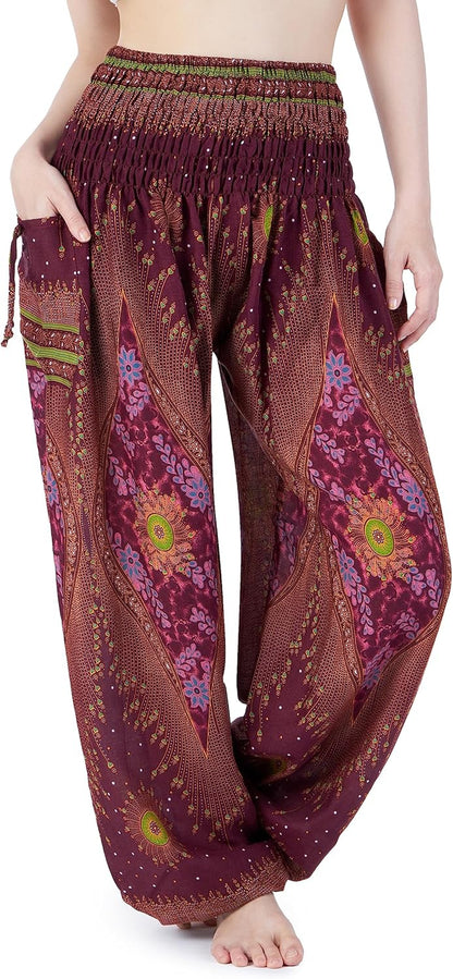 Lannaclothesdesign Women'S Smocked Waist Boho Flowy Yoga Harem Pants Hippie Clothes
