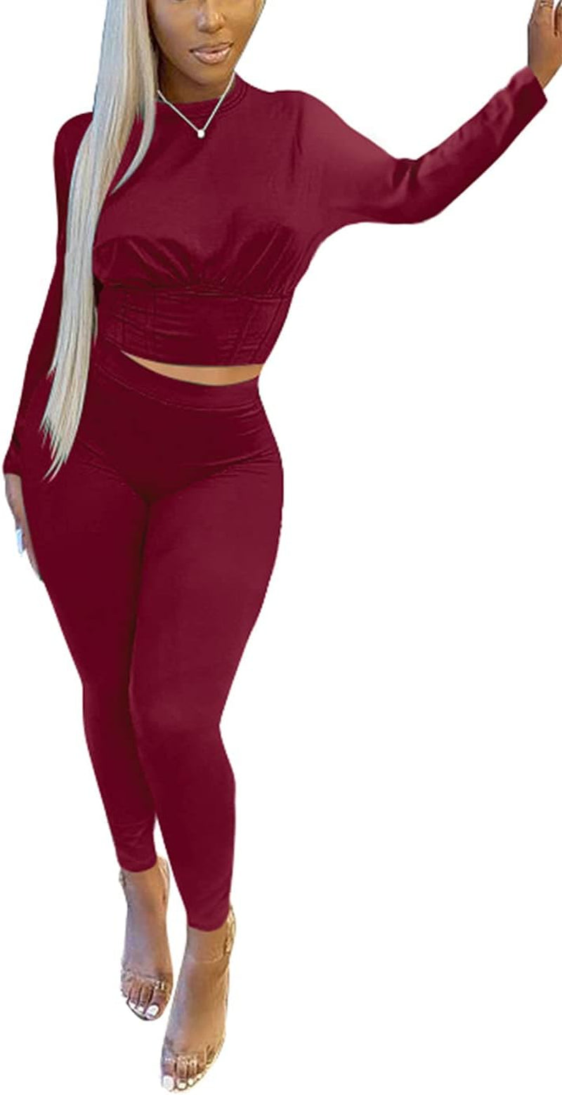 Solid Color Two Piece Outfits for Women，Long Sleeve Crop Top and Bodycon Pants Joggers Clubwear Tracksuit Sweatsuit